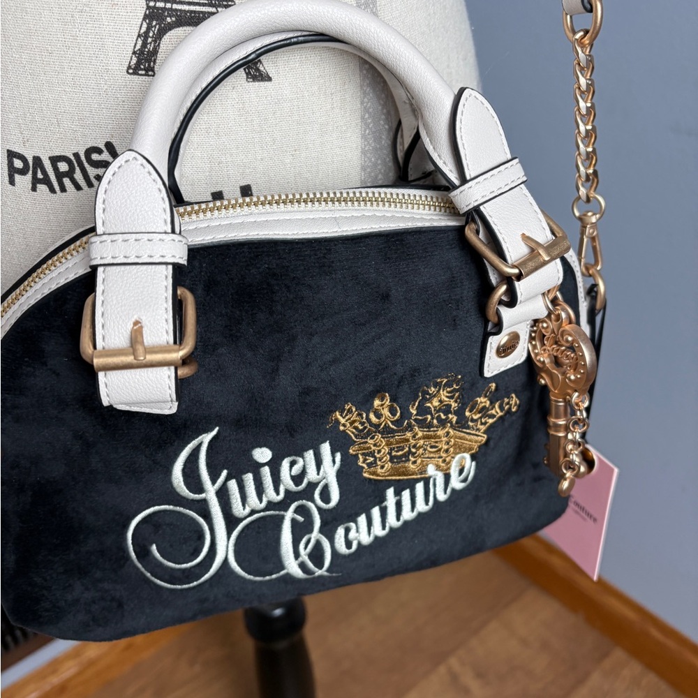 Juicy Couture The Key To Juicy Dome Satchel Black & White Velour With Gold